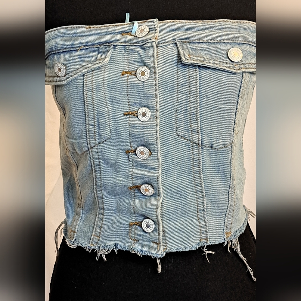 #005.B Source Unknown Sz M Denim Vest Corset Crop Button Down Top - Picture 9 of 13